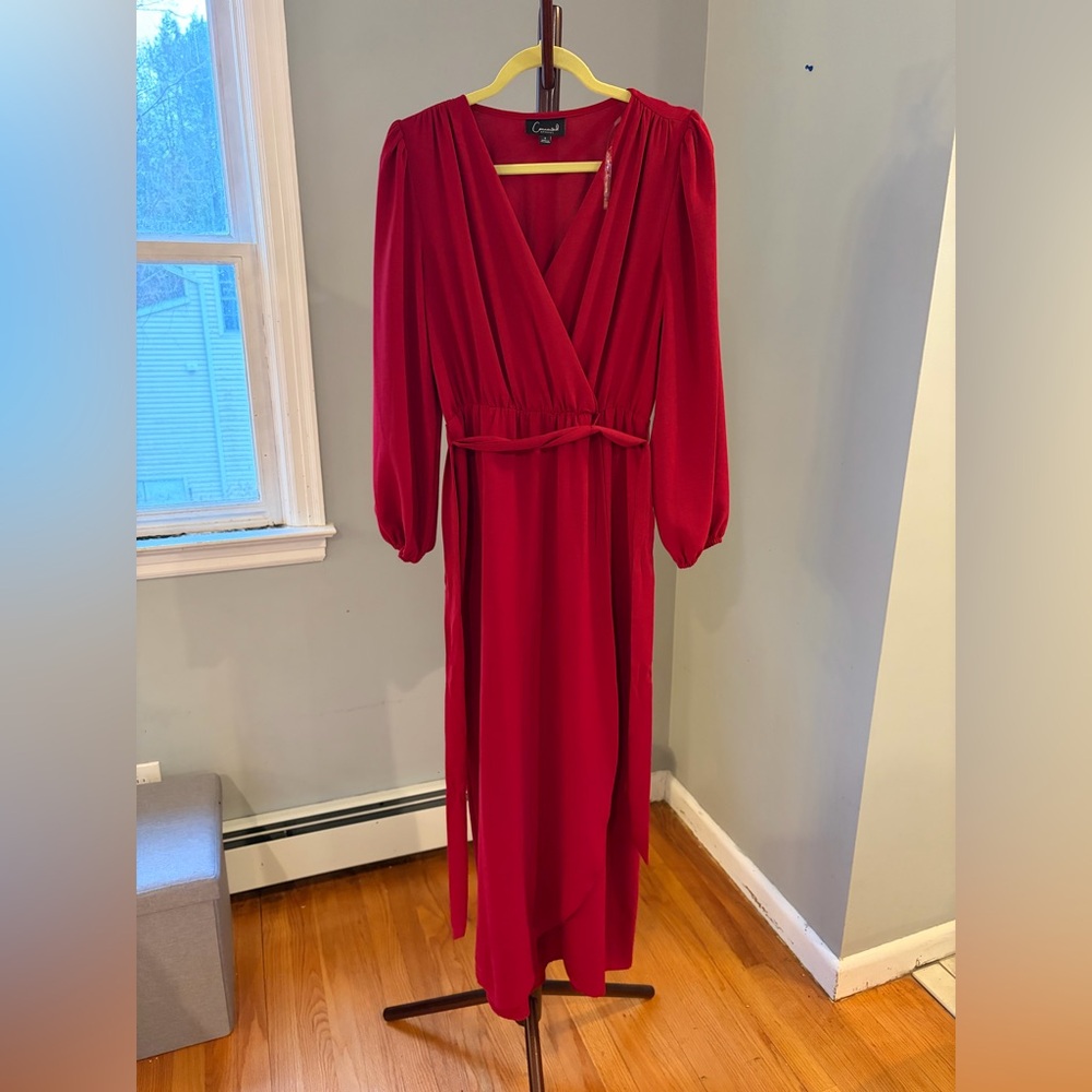 connected apparel Red Long-Sleeve Wrap Maxi Dress